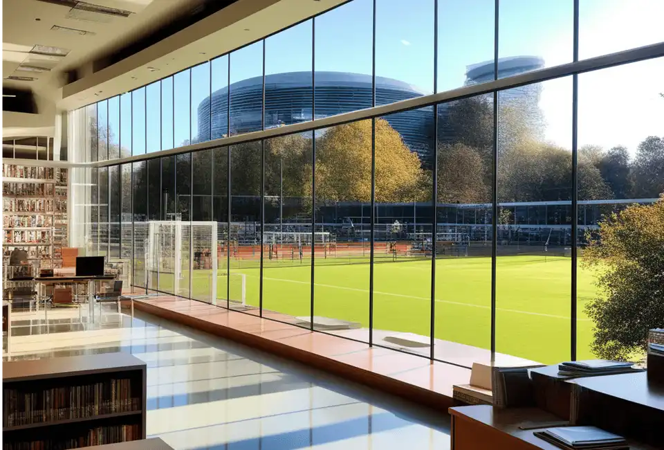 Library with a view on a modern  sports complex